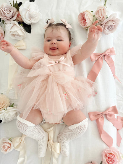 Belle Bow Perfect Pink Embroidered Baby Girl Tulle Party Romper