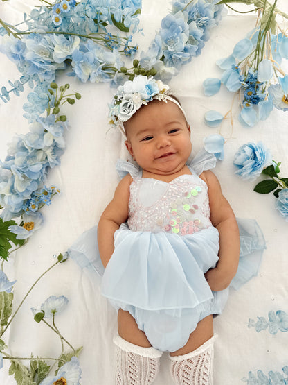 Ariel Ocean Blue Organza Sequin Baby Girl Party Romper