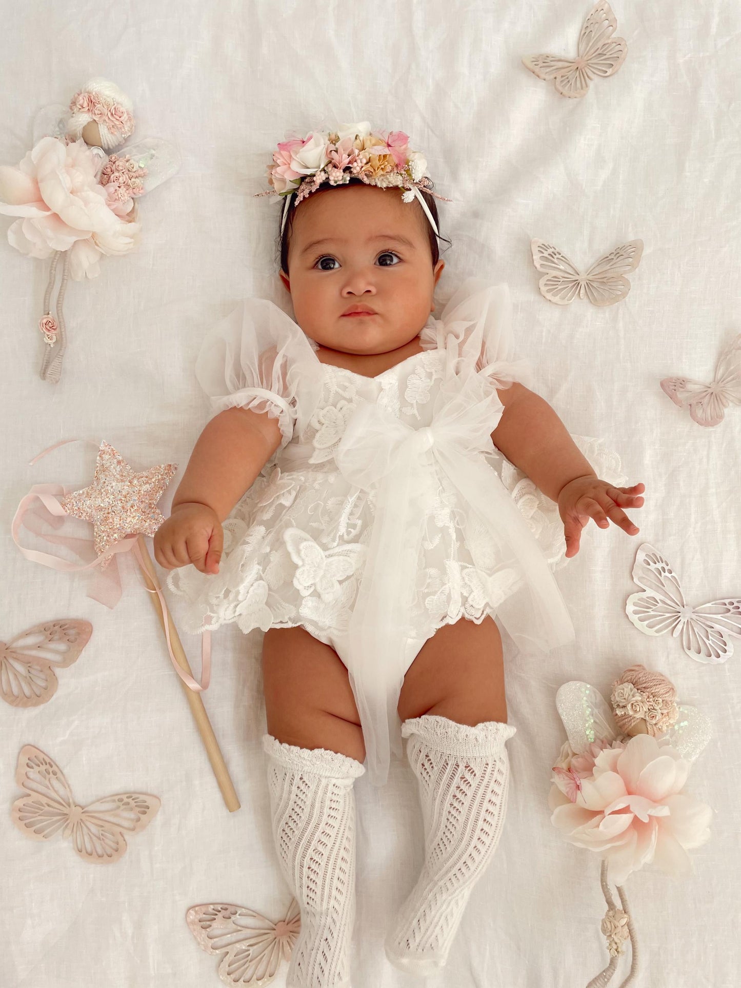 White Butterfly Kisses Baby Girls Embroidered Tulle Romper