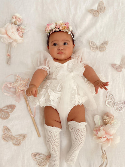 White Butterfly Kisses Baby Girls Embroidered Tulle Romper