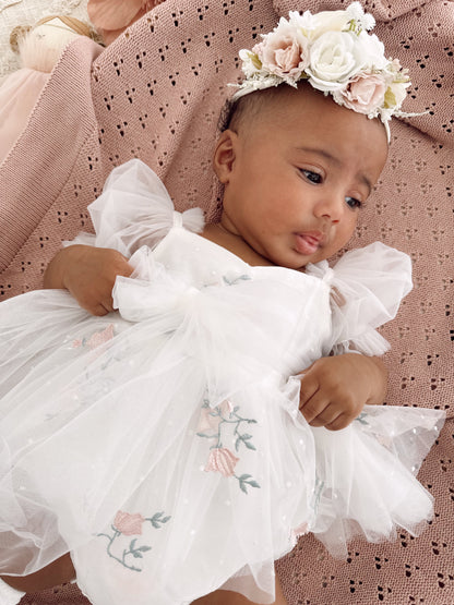 Swan Lake White Embroidered Baby Girl Tulle Party Romper