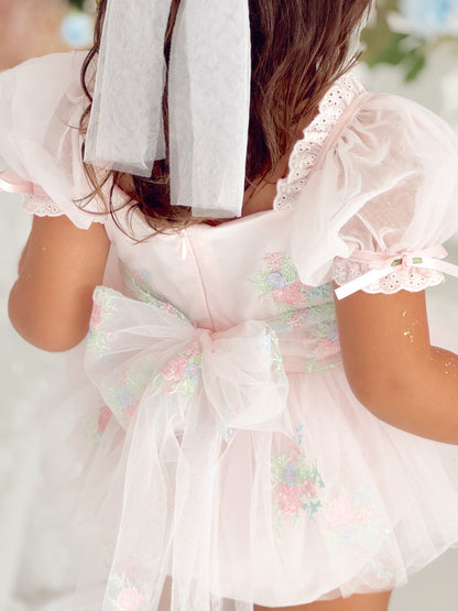 Peony Bloom Petal Pink Embroidered Baby Girl Tulle Party Romper