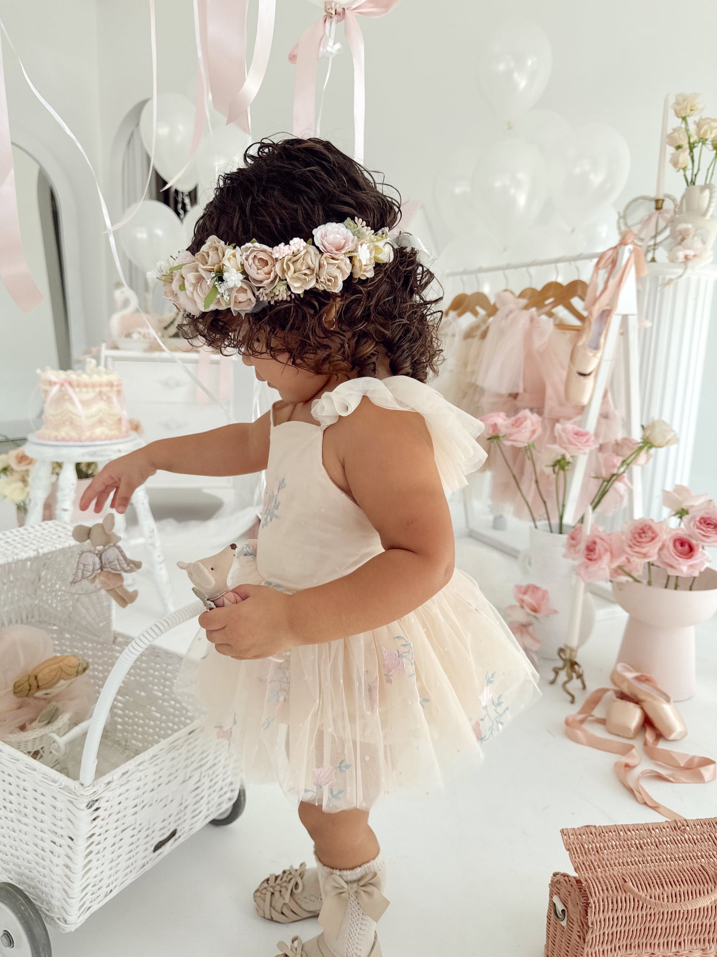 The Rose Champagne Embroidered Baby Girl Tulle Party Romper