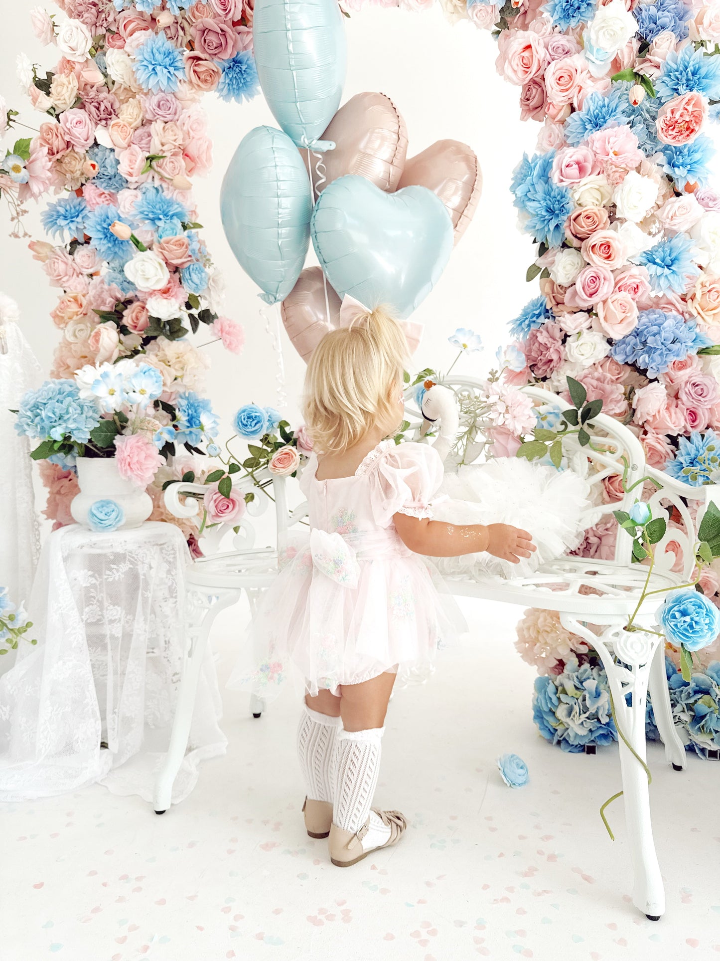 Peony Bloom Petal Pink Embroidered Baby Girl Tulle Party Romper