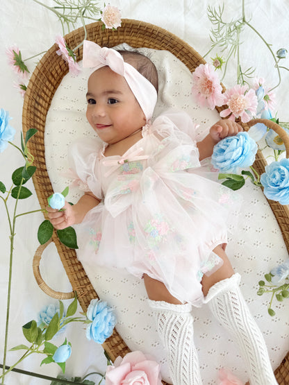 Peony Bloom Petal Pink Embroidered Baby Girl Tulle Party Romper