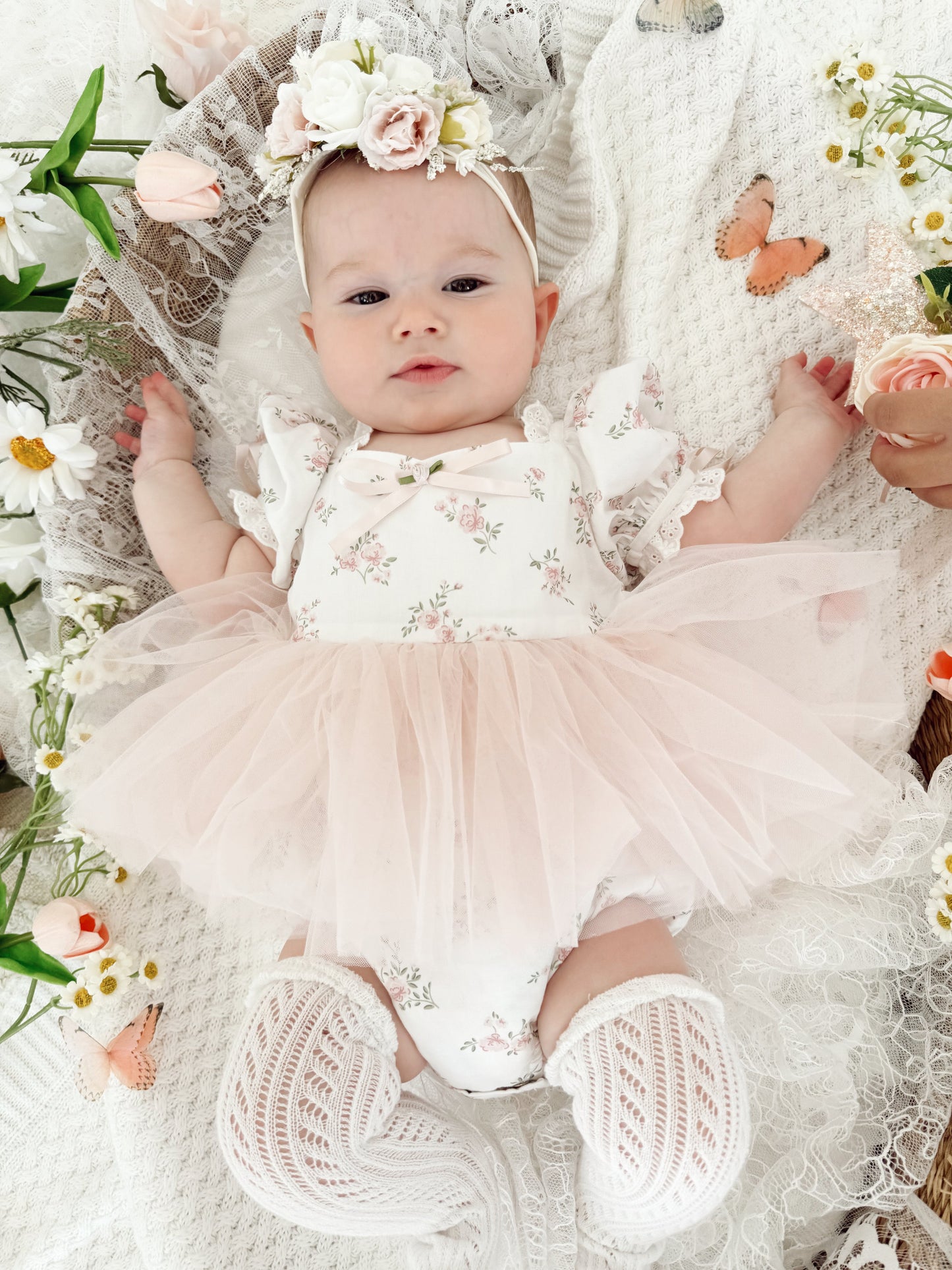 Odessa Flower Perfect Pink Floral Baby Girl Tulle Party Romper