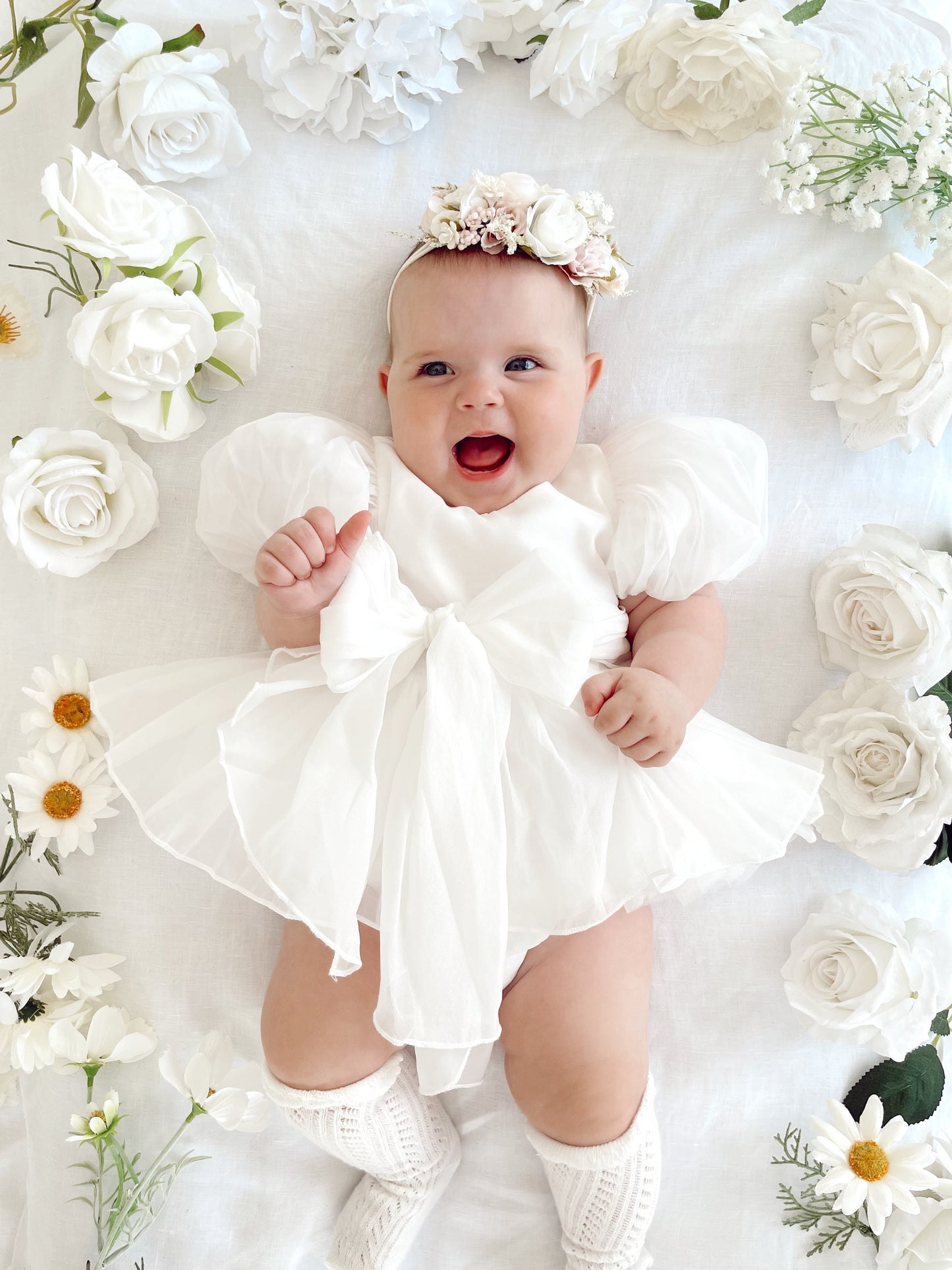 Clementine Matte White Organza Baby Girl Romper