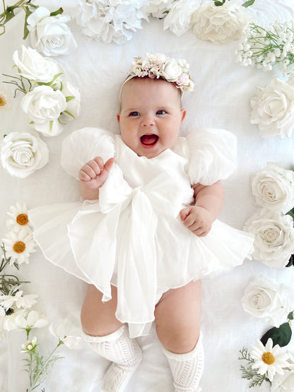 Clementine Matte White Organza Baby Girl Romper