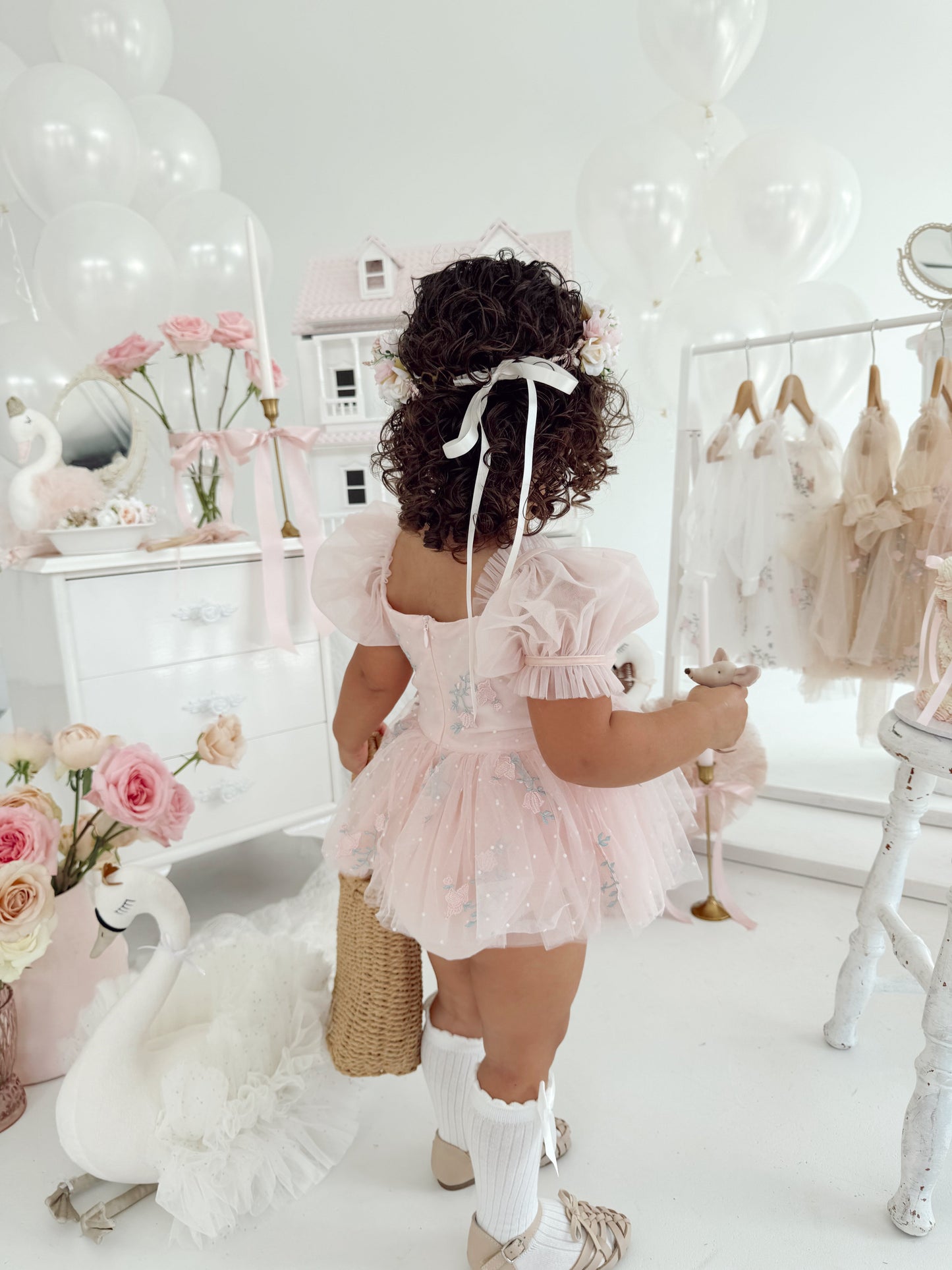 Swan Lake Ballerina Pink Embroidered Baby Girl Tulle Party Romper