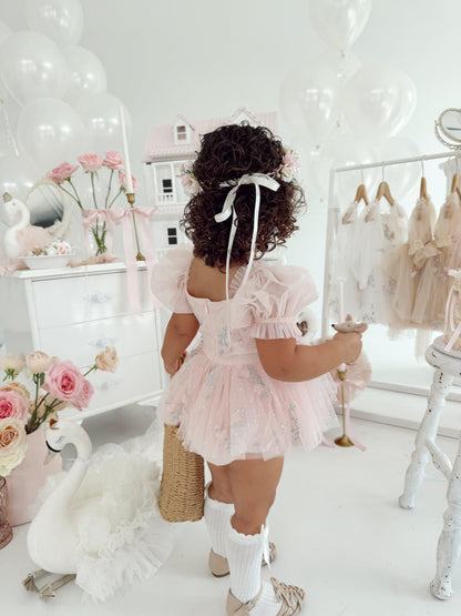 Swan Lake Ballerina Pink Embroidered Baby Girl Tulle Party Romper
