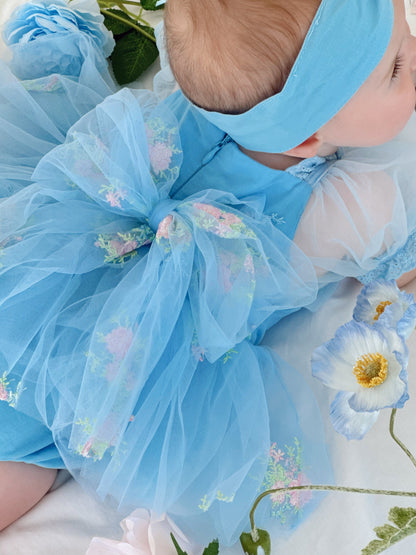 Afina Blue Embroidered Baby Girl Tulle Party Romper