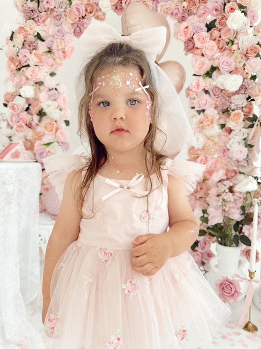 Belle Bow Perfect Pink Embroidered Baby Girl Tulle Party Romper