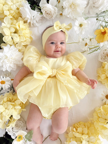 Scarlette Rose Canary Lemon Organza Baby Girl Party Romper