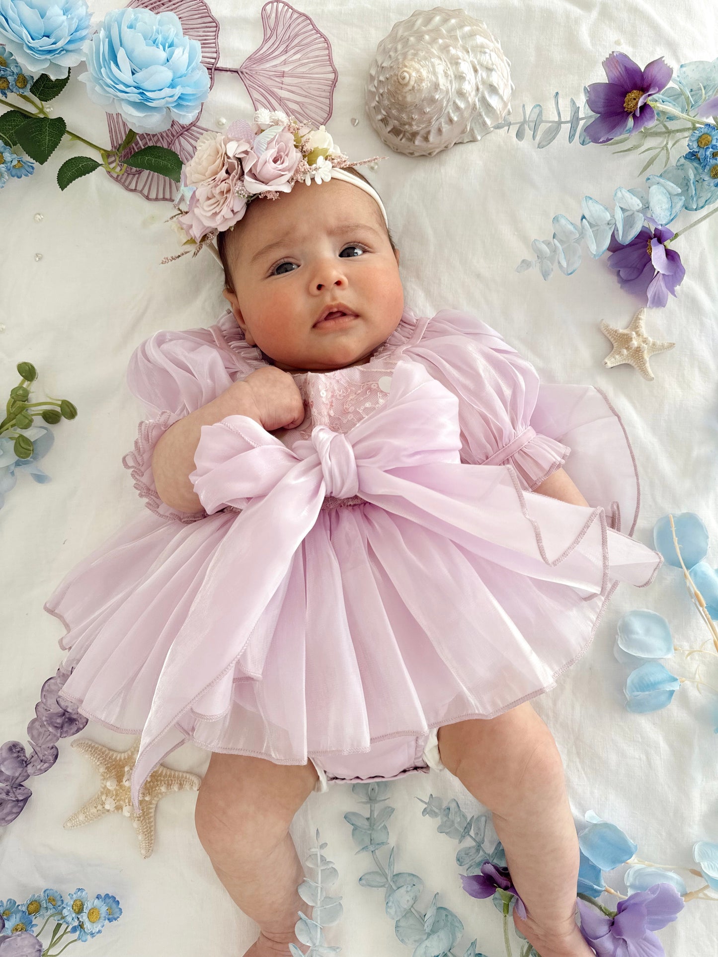 Ariel Purple Pearl Organza Sequin Baby Girl Party Romper