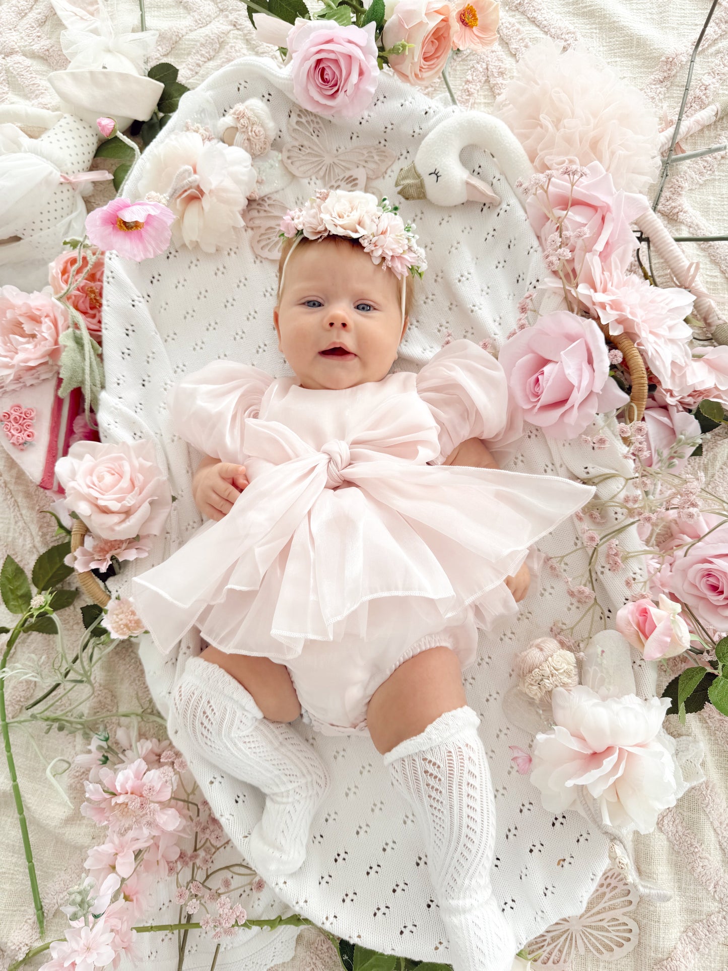 Scarlette Rose Petal Pink Organza Baby Girl Party Romper