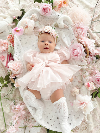 Scarlette Rose Petal Pink Organza Baby Girl Party Romper