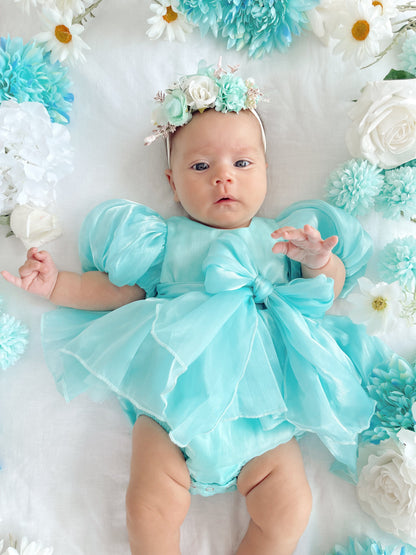 Dolly Turquoise Sky Organza Baby Girl Blue Party Romper