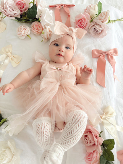 Belle Bow Perfect Pink Embroidered Baby Girl Tulle Party Romper