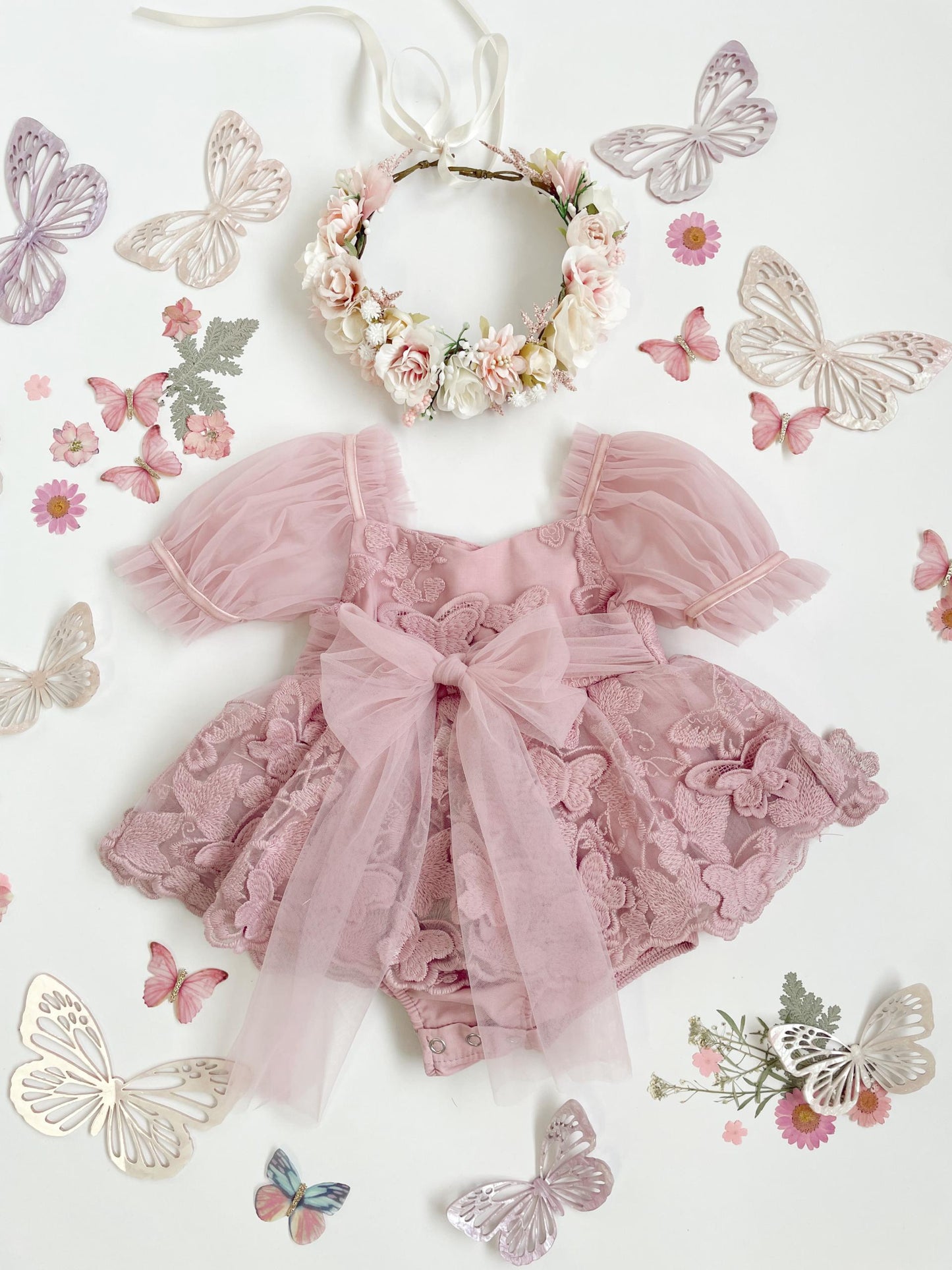 Butterfly Kisses Dusty Rose Pink Embroidered Baby Girl Party Romper