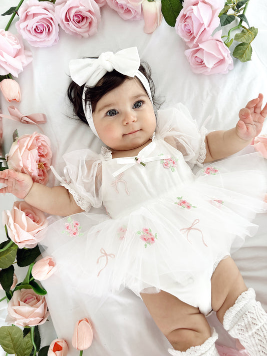 Fleur Butterfly Embroidered Baby Girl White Tulle Party Romper