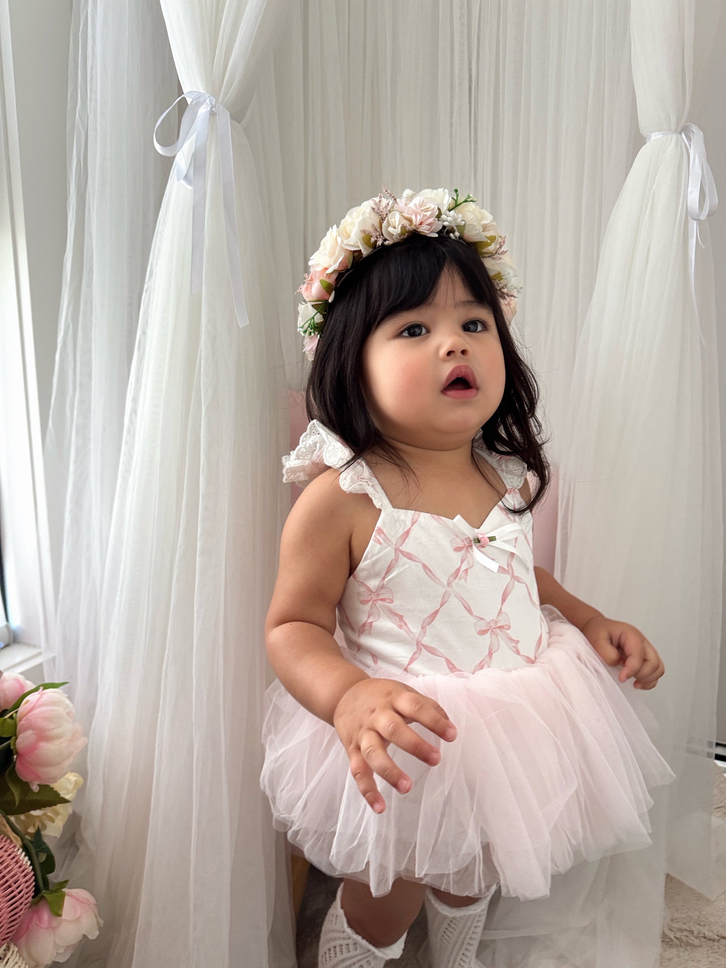 Rosette Pink Bow Baby Girl Tulle Party Romper