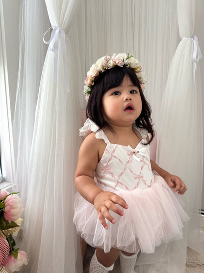 Rosette Pink Bow Baby Girl Tulle Party Romper