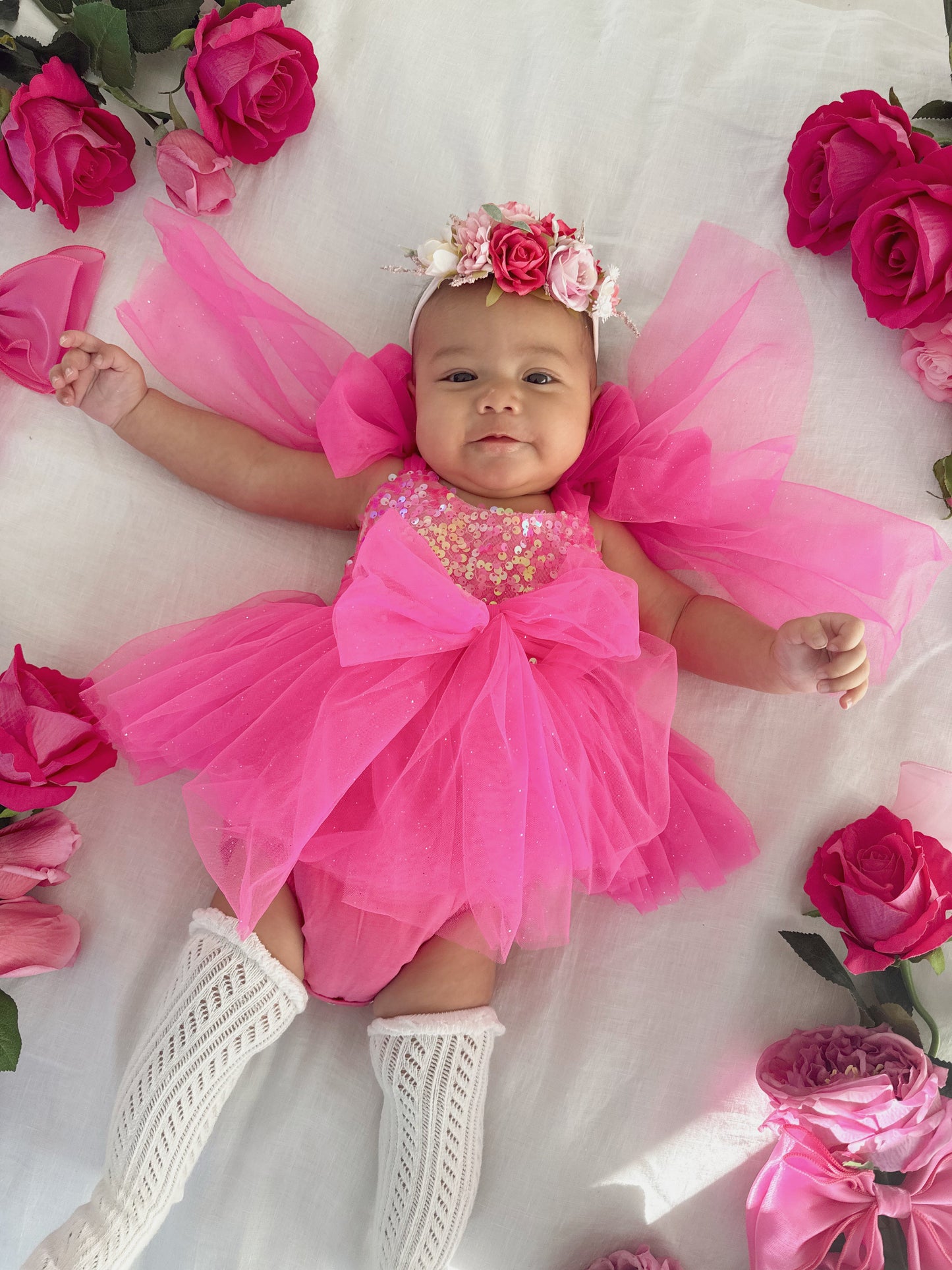 Theodora Fuchsia Pink Sequin Baby Girl Tulle Party Romper