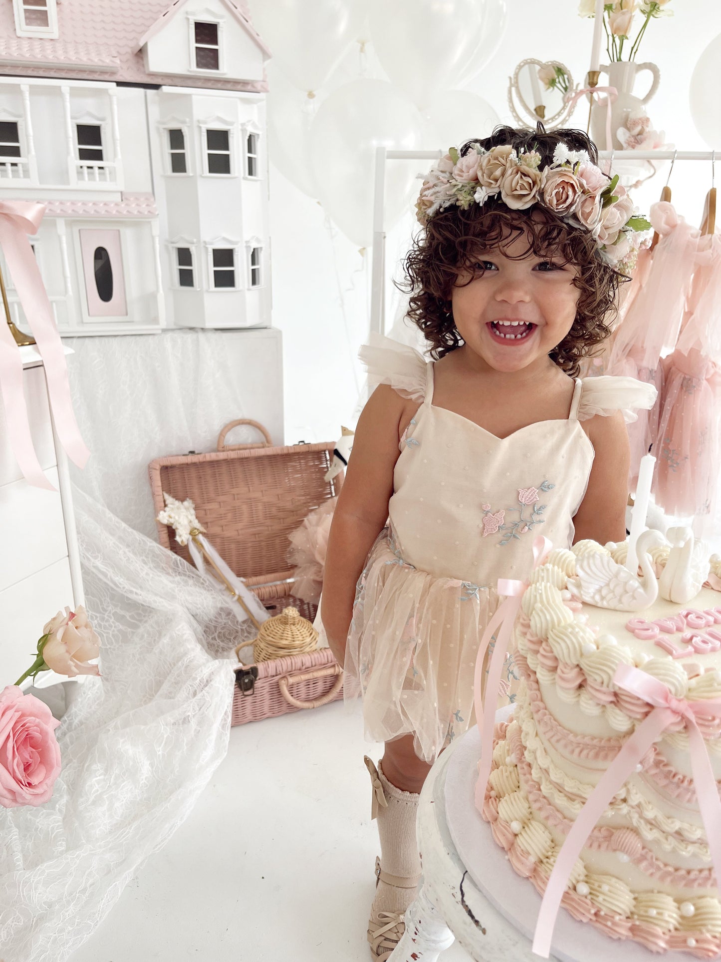 The Rose Champagne Embroidered Baby Girl Tulle Party Romper
