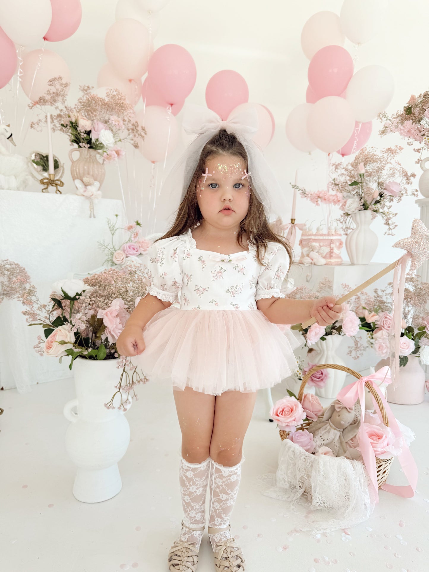 Odessa Flower Perfect Pink Floral Baby Girl Tulle Party Romper