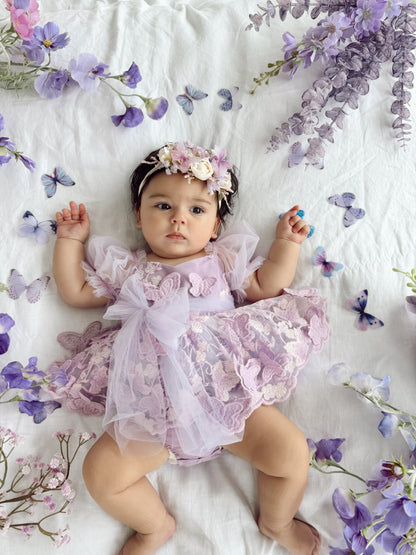 Butterfly Kisses Lilac Pink Rose Embroidered Baby Girl Tulle Party Romper