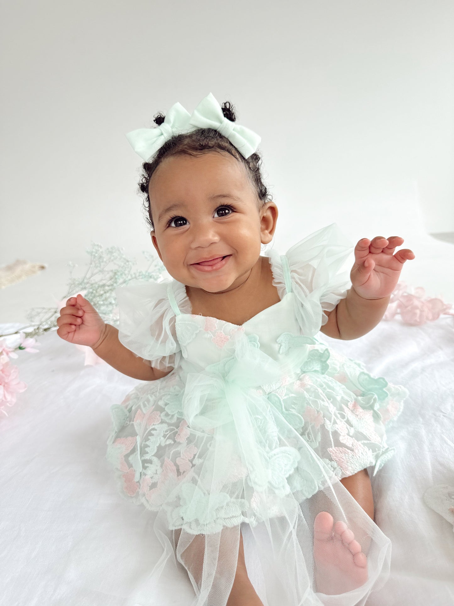 Butterfly Kisses Peppermint Pink Embroidered Baby Girl Tulle Party Romper