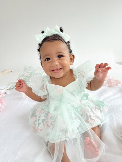 Butterfly Kisses Peppermint Pink Embroidered Baby Girl Tulle Party Romper