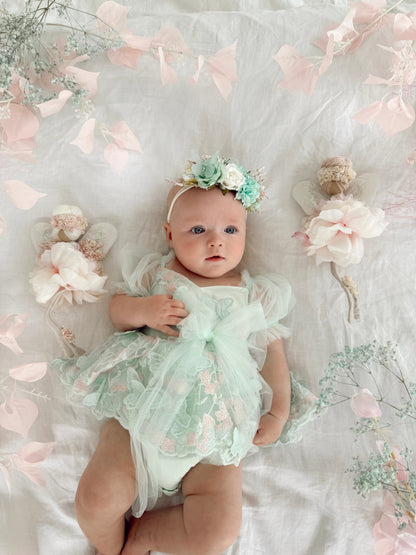 Butterfly Kisses Peppermint Pink Embroidered Baby Girl Tulle Party Romper