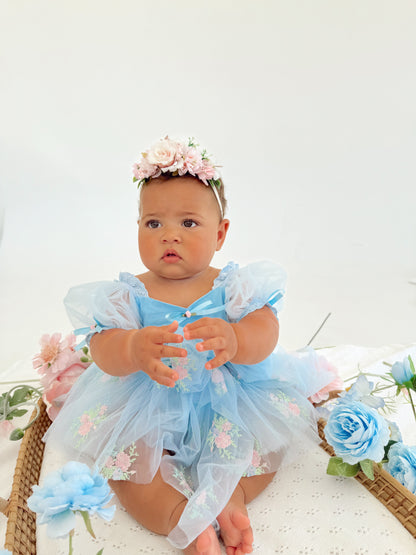 Afina Blue Embroidered Baby Girl Tulle Party Romper