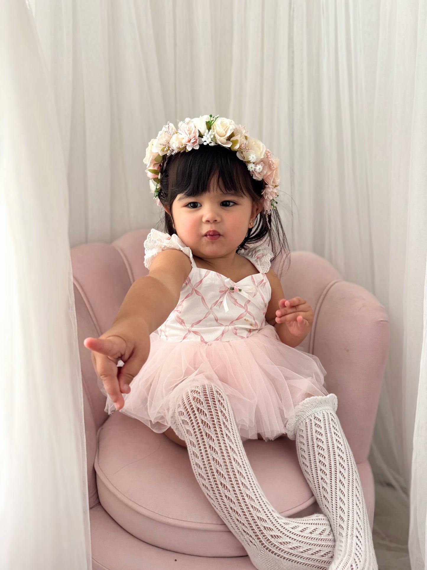 Rosette Pink Bow Baby Girl Tulle Party Romper