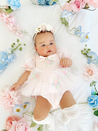 Peony Bloom Petal Pink Embroidered Baby Girl Tulle Party Romper