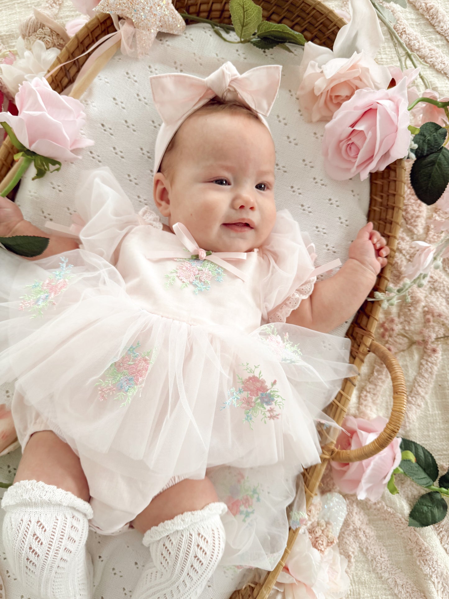 Peony Bloom Petal Pink Embroidered Baby Girl Tulle Party Romper