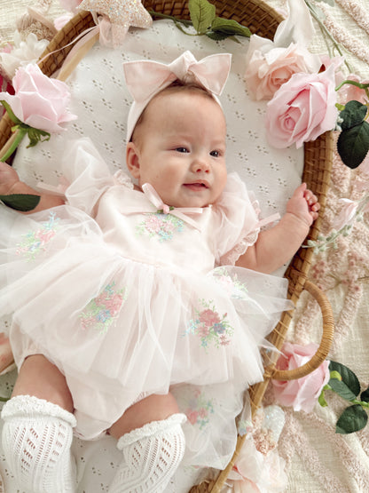 Peony Bloom Petal Pink Embroidered Baby Girl Tulle Party Romper
