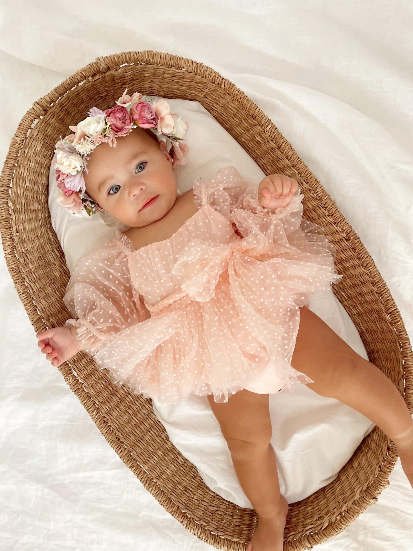Swiss Dot Bloom Pink Rose Baby Girl Tulle Party Romper