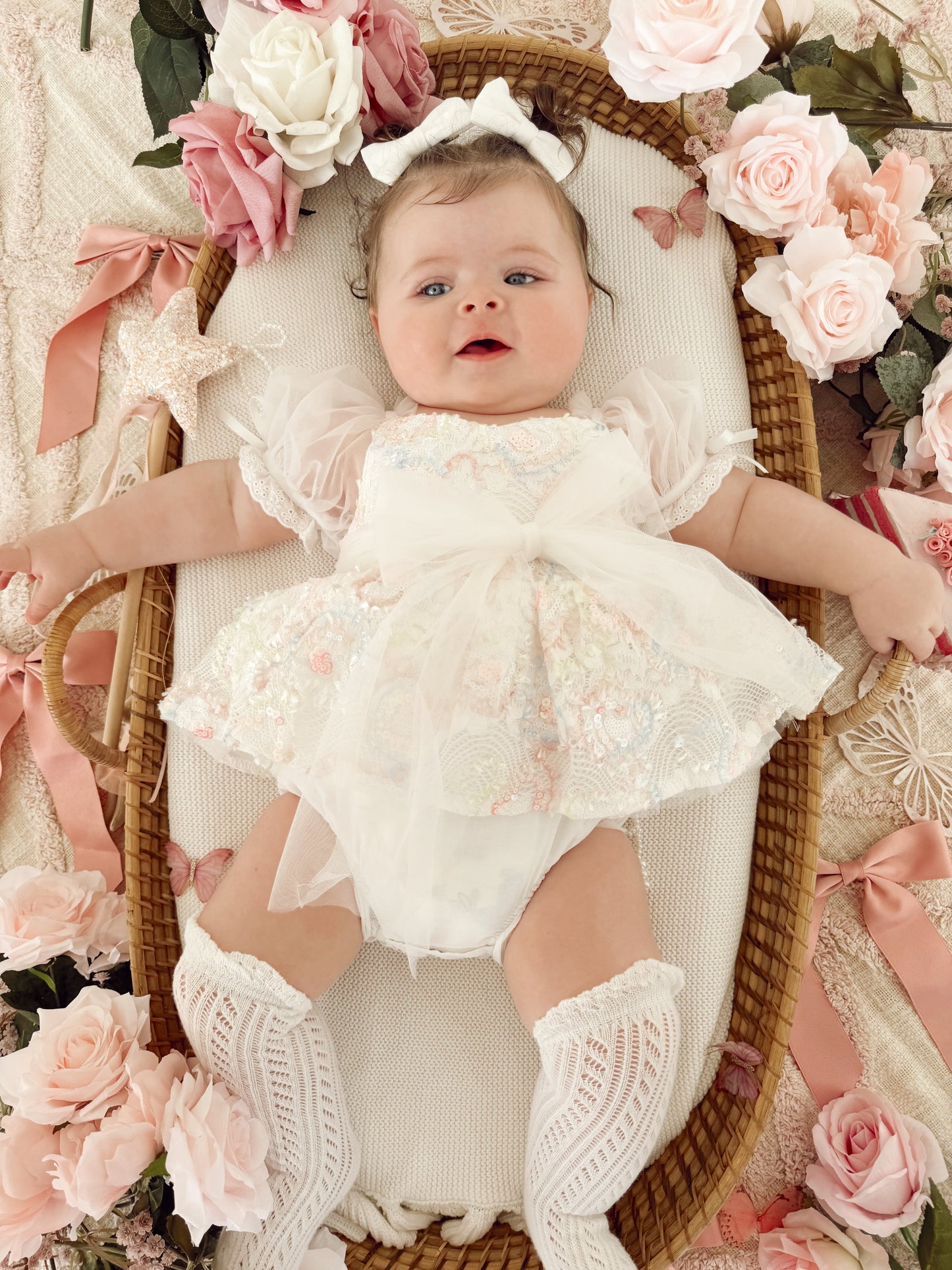 Josephine Lace Blossom Baby Girl Sequin White Tulle Party Romper