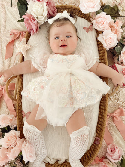 Josephine Lace Blossom Baby Girl Sequin White Tulle Party Romper