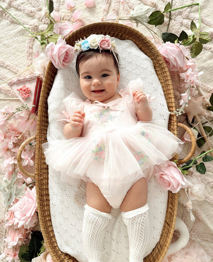 Peony Bloom Petal Pink Embroidered Baby Girl Tulle Party Romper