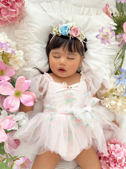 Peony Bloom Petal Pink Embroidered Baby Girl Tulle Party Romper
