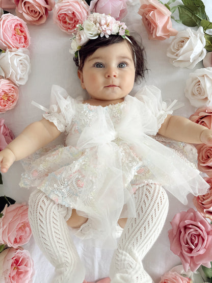 Josephine Lace Blossom Baby Girl Sequin White Tulle Party Romper