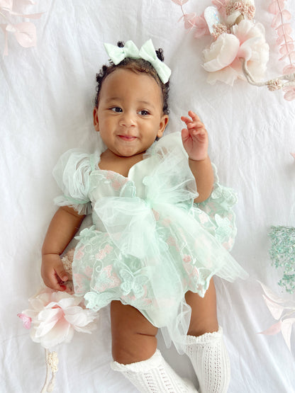 Butterfly Kisses Peppermint Pink Embroidered Baby Girl Tulle Party Romper