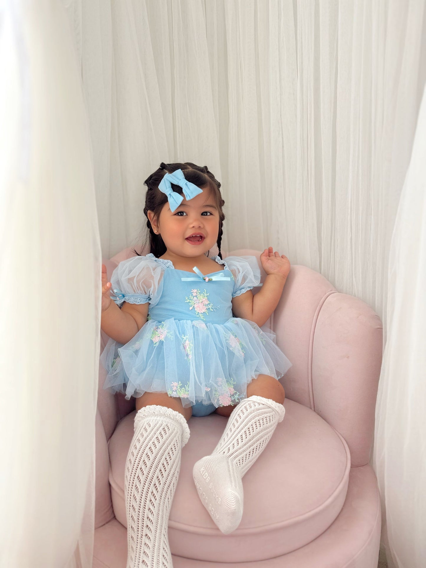 Afina Blue Embroidered Baby Girl Tulle Party Romper