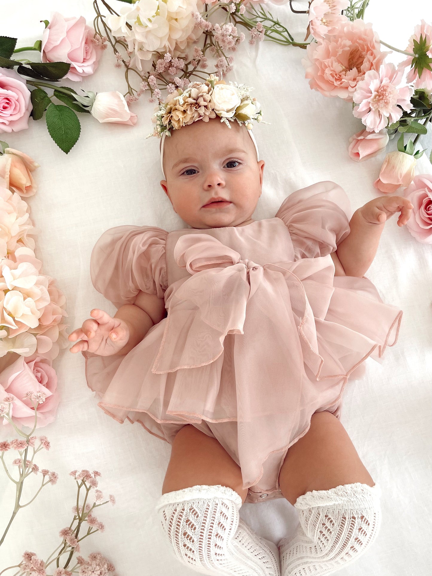 Clementine Matte Blush Rose Pink Organza Baby Girl Romper