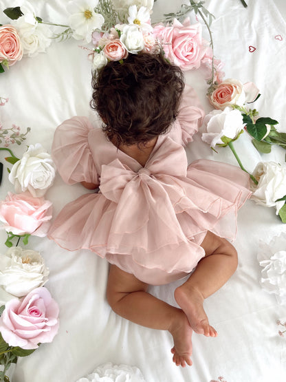 Clementine Matte Blush Rose Pink Organza Baby Girl Romper