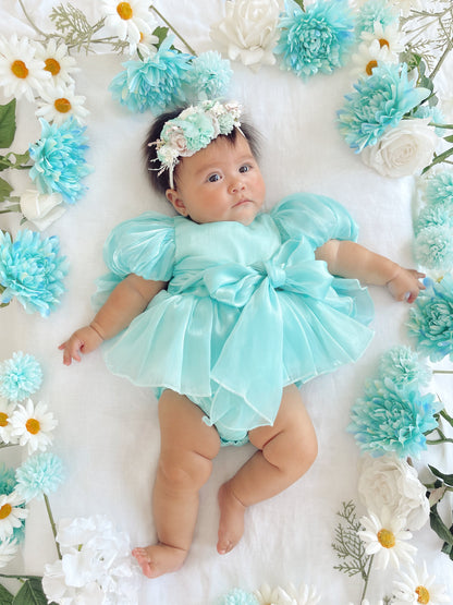 Dolly Turquoise Sky Organza Baby Girl Blue Party Romper