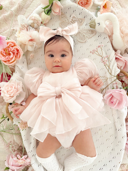 Scarlette Rose Petal Pink Organza Baby Girl Party Romper